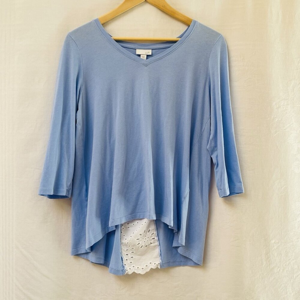 J Jill Blouse Womens Large Blue Tunic Lagenlook Cotton Blend Knit Eyelet Back